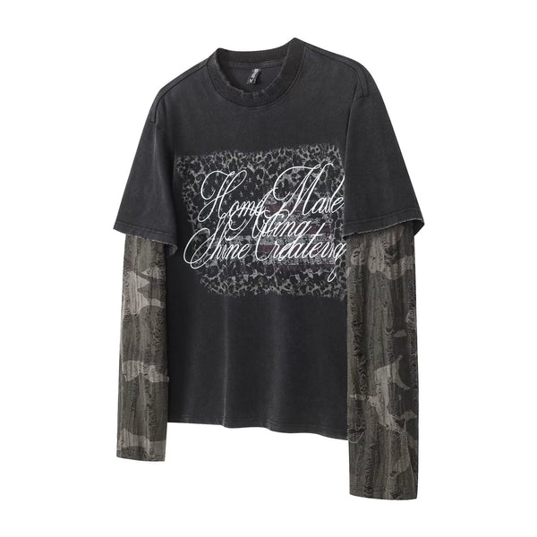 Mock Two Piece Distressed Long Sleeve T Shirt — vista frontale