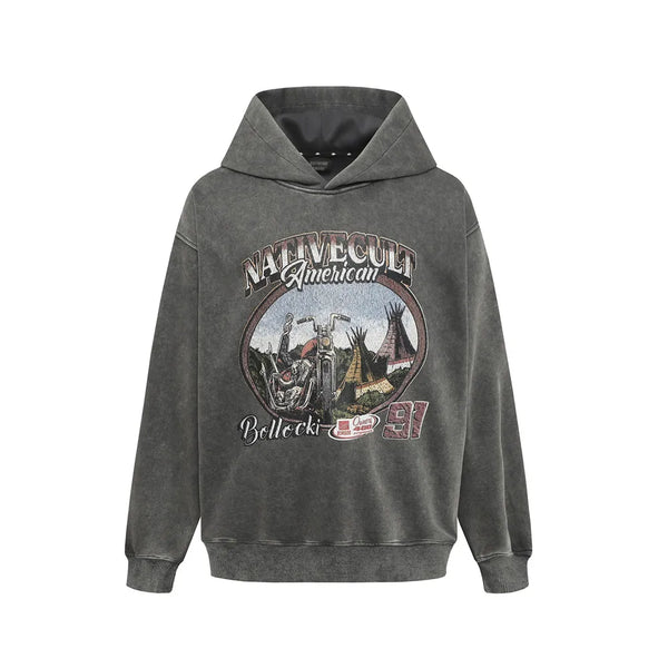 Motorcycle Graphic Print Distressed Baggy Hoodie — vista frontale