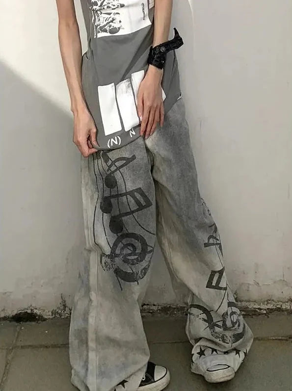 Y2K Music and Melodies Washed Grey Graphic Baggy Jeans
