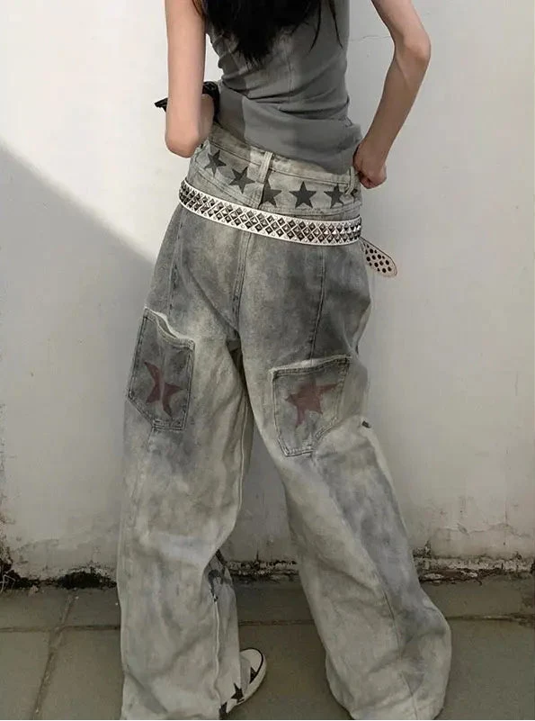 Music and Melodies Washed Grey Graphic Baggy Jeans — dettaglio