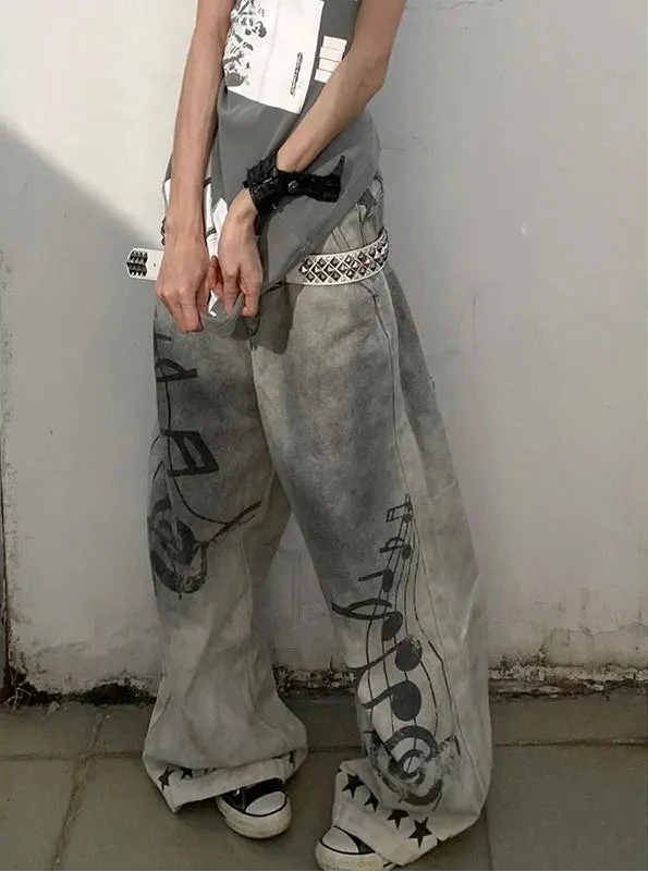 Music and Melodies Washed Grey Graphic Baggy Jeans — dettaglio della stampa