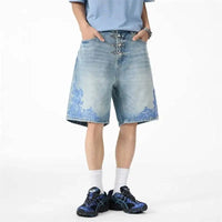"Ocean Swirl" Washed Light Blue Denim Shorts Jorts — dettaglio