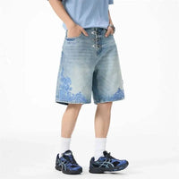 "Ocean Swirl" Washed Light Blue Denim Shorts Jorts — dettaglio della stampa