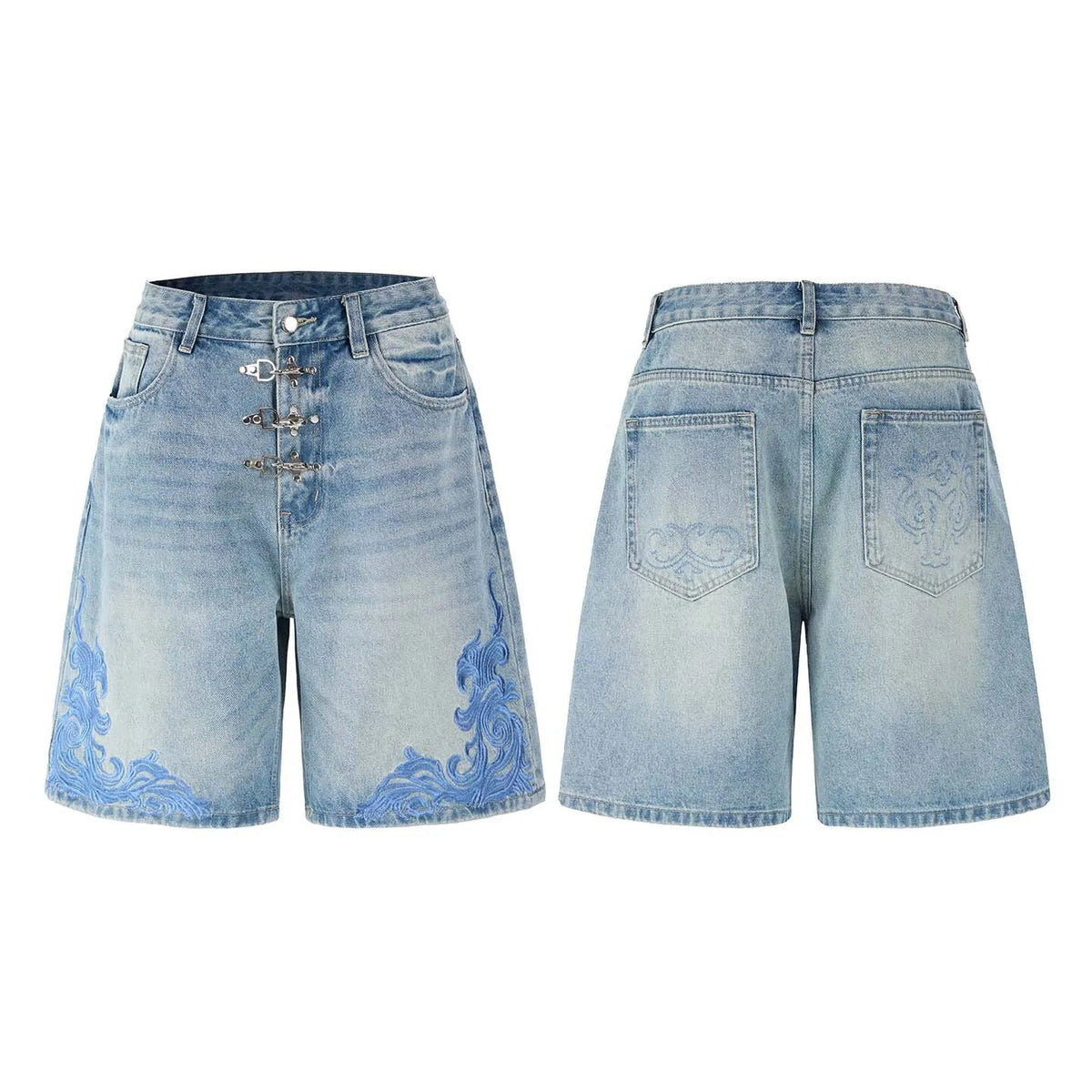 "Ocean Swirl" Washed Light Blue Denim Shorts Jorts — vista frontale