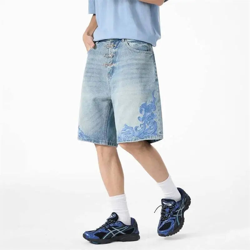 "Ocean Swirl" Washed Light Blue Denim Shorts Jorts — vista posteriore