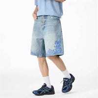 "Ocean Swirl" Washed Light Blue Denim Shorts Jorts — vista posteriore