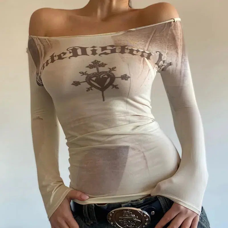Off Shoulder Graphic Mesh Top — vista frontale