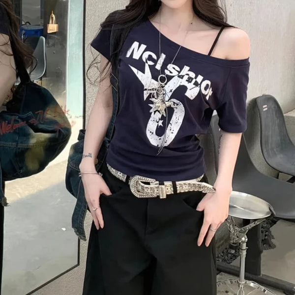 Off Shoulder Graphic T Shirt — vista frontale