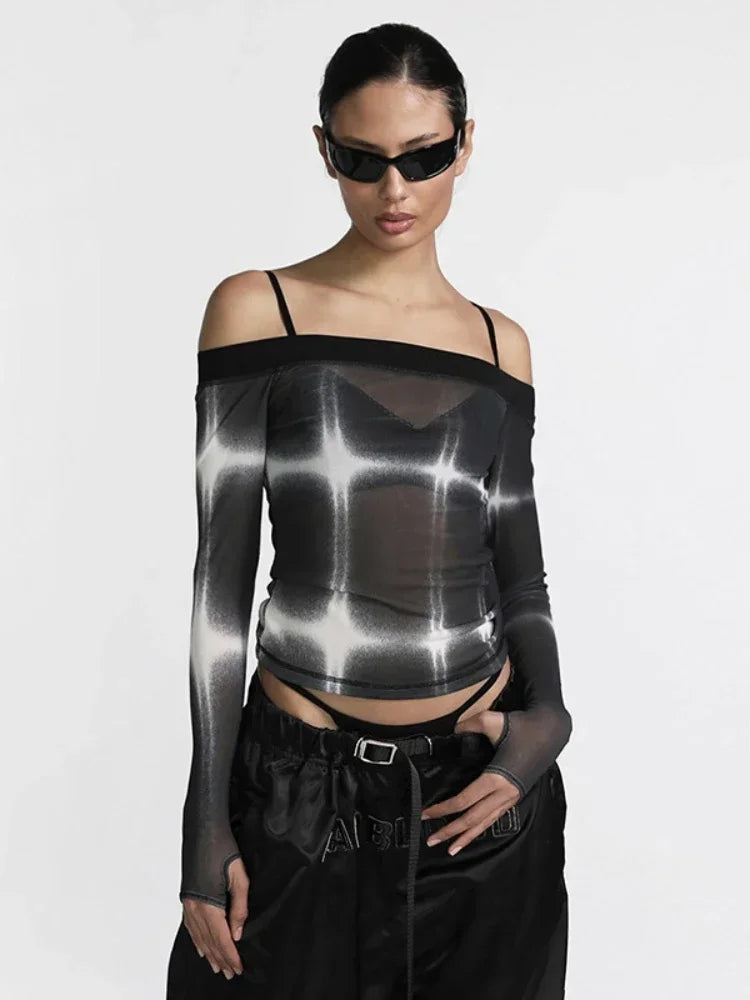 Off Shoulder Print Long Sleeve Mesh Crop Top — dettaglio