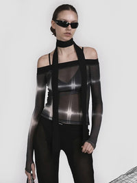 Off Shoulder Print Long Sleeve Mesh Crop Top — vista posteriore