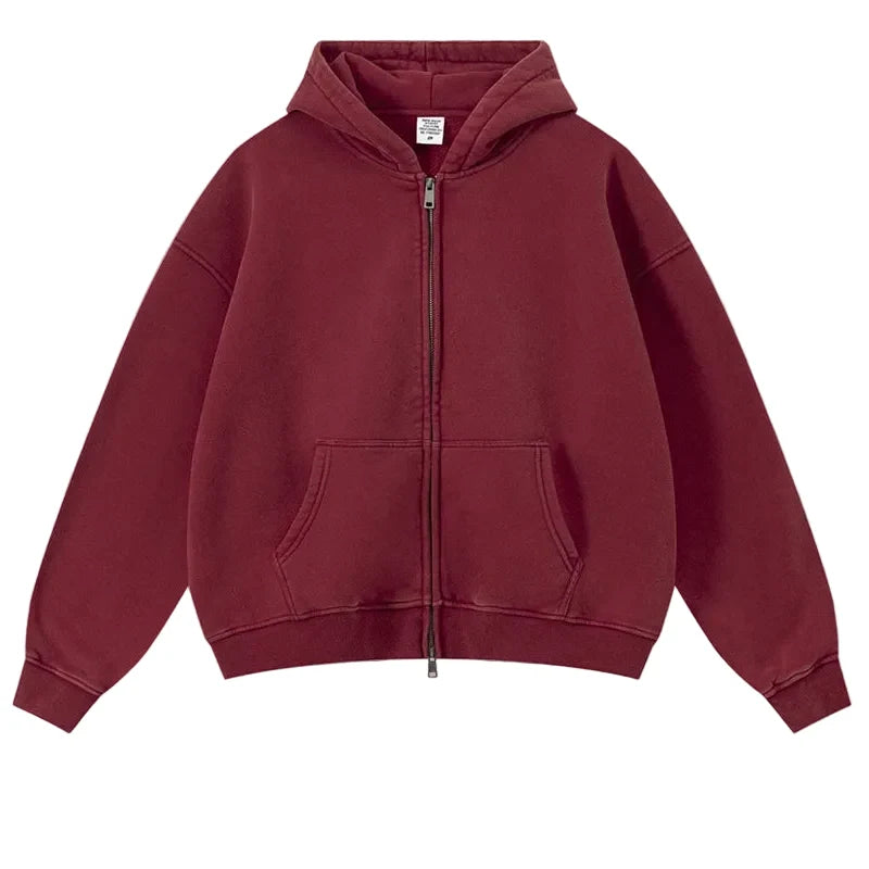 Origin 400gsm Essentials Retro Washed Boxy Fit Plain Zip Up Hoodie — dettaglio