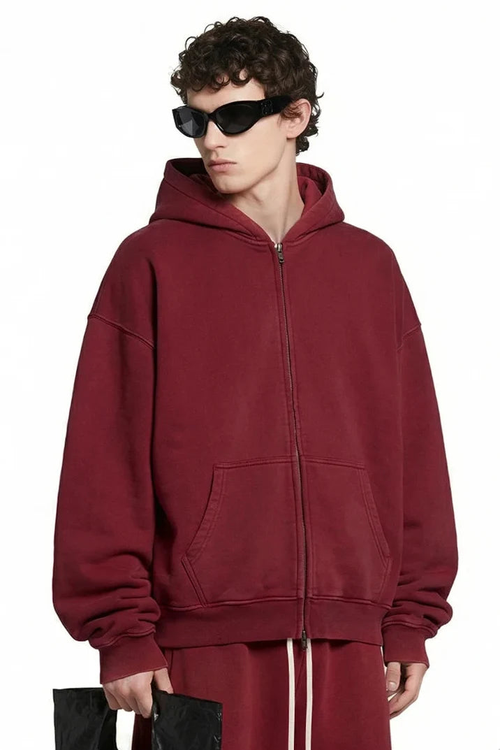 Origin 400gsm Essentials Retro Washed Boxy Fit Plain Zip Up Hoodie — vista posteriore