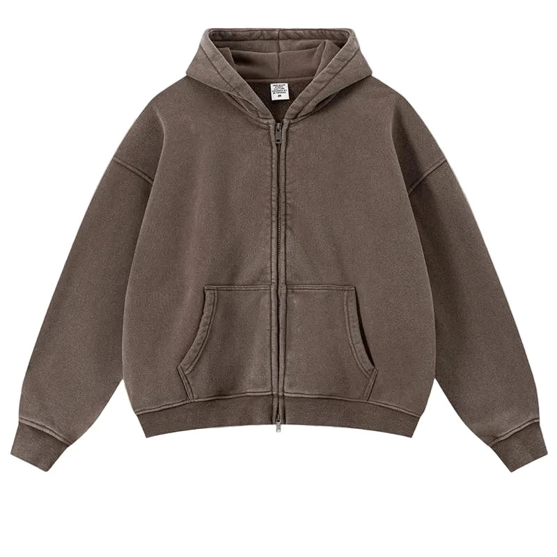 Origin 400gsm Essentials Retro Washed Boxy Fit Plain Zip Up Hoodie — vista laterale