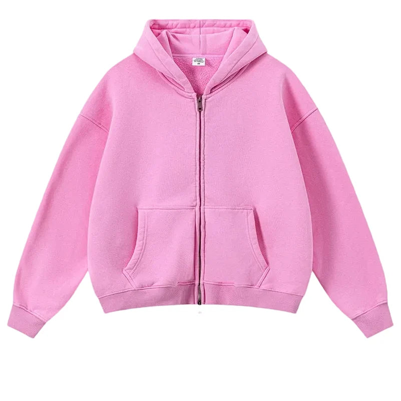 Origin 400gsm Essentials Retro Washed Boxy Fit Plain Zip Up Hoodie — vista frontale