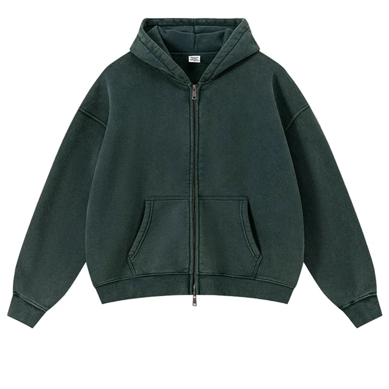 Origin 400gsm Essentials Retro Washed Boxy Fit Plain Zip Up Hoodie — vista posteriore