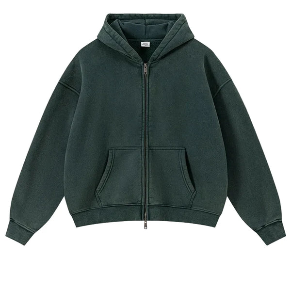 Y2K Origin 400gsm Essentials Retro Washed Boxy Fit Plain Zip Up Hoodie