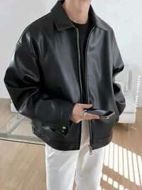 Oversized Collar Leather Jacket — vista frontale