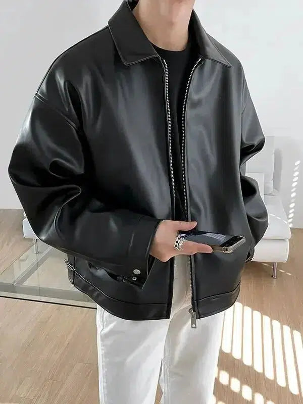 Oversized Collar Leather Jacket — vista frontale
