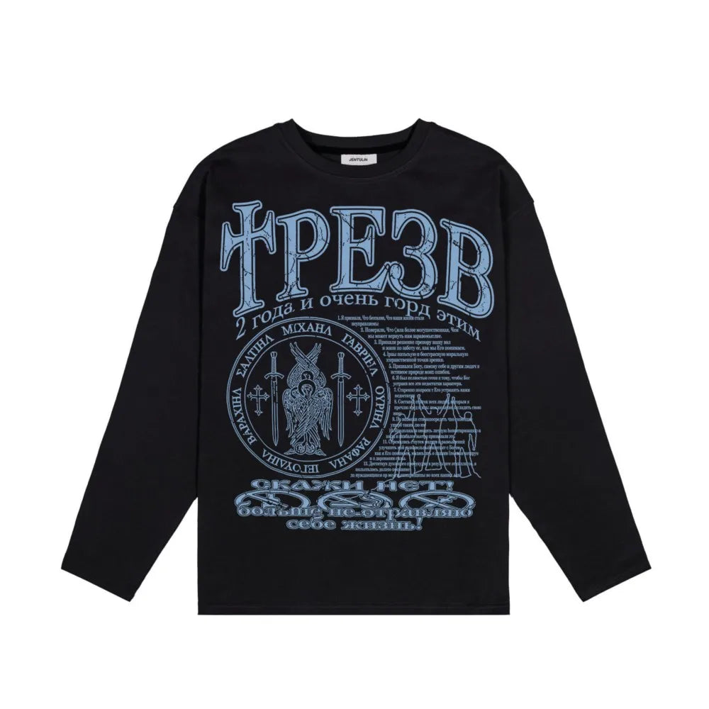 Oversized Gothic Graphic Long Sleeve Top — in alternativa