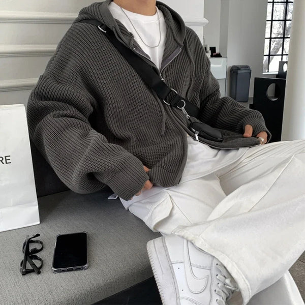 Y2K Oversized Knit Hooded Zip Up Cardigan