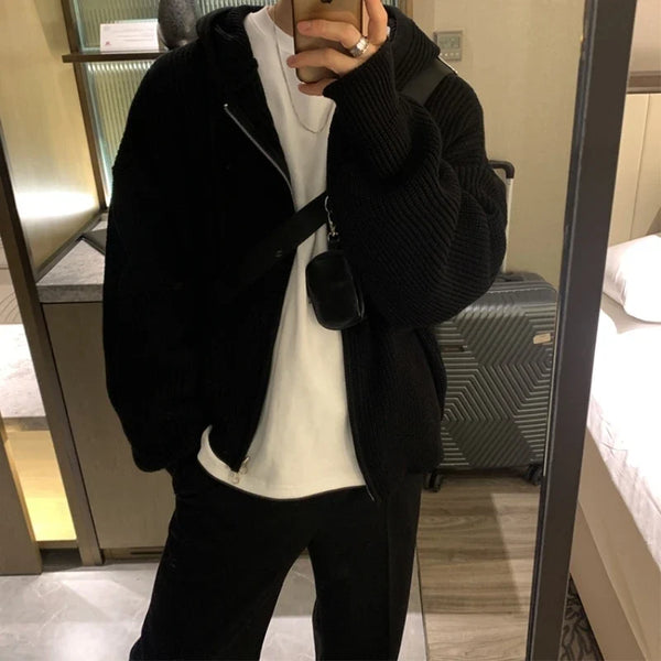 Oversized Knit Hooded Zip Up Cardigan — vista frontale