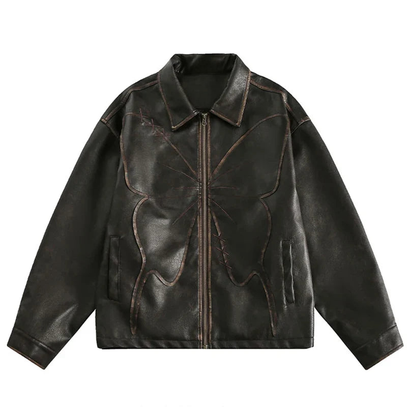 Oversized Patchwork Butterfly Faux Leather Jacket — vista frontale