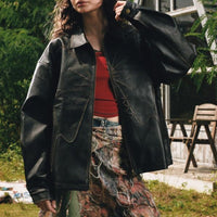 Oversized Patchwork Butterfly Faux Leather Jacket — vista posteriore