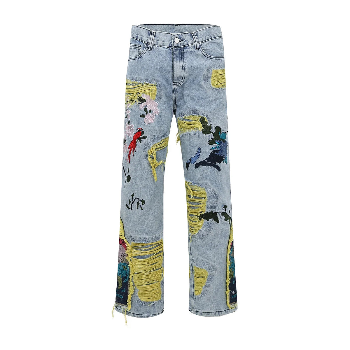 Painting Embroidered Denim Ripped Distressed Jeans — vista frontale