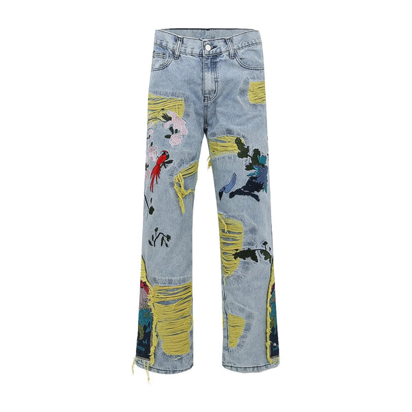 Painting Embroidered Denim Ripped Distressed Jeans — vista frontale