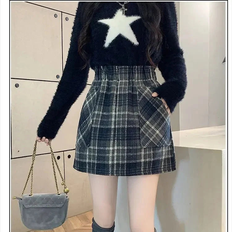 Plaid Pocketed High Waist Mini Skirt — vista posteriore