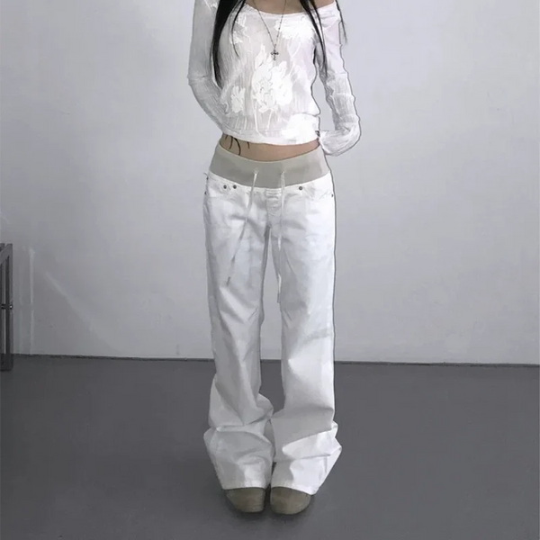 Y2K Patchwork Cargo Vintage White Low Rise Bootcut Jeans