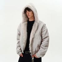 Patchwork Faux Fur Collar and Zip Line Cotton Jacket Coat — dettaglio della stampa