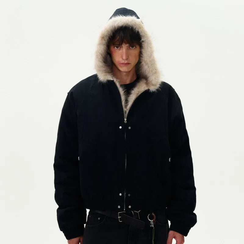Patchwork Faux Fur Collar and Zip Line Cotton Jacket Coat — in alternativa