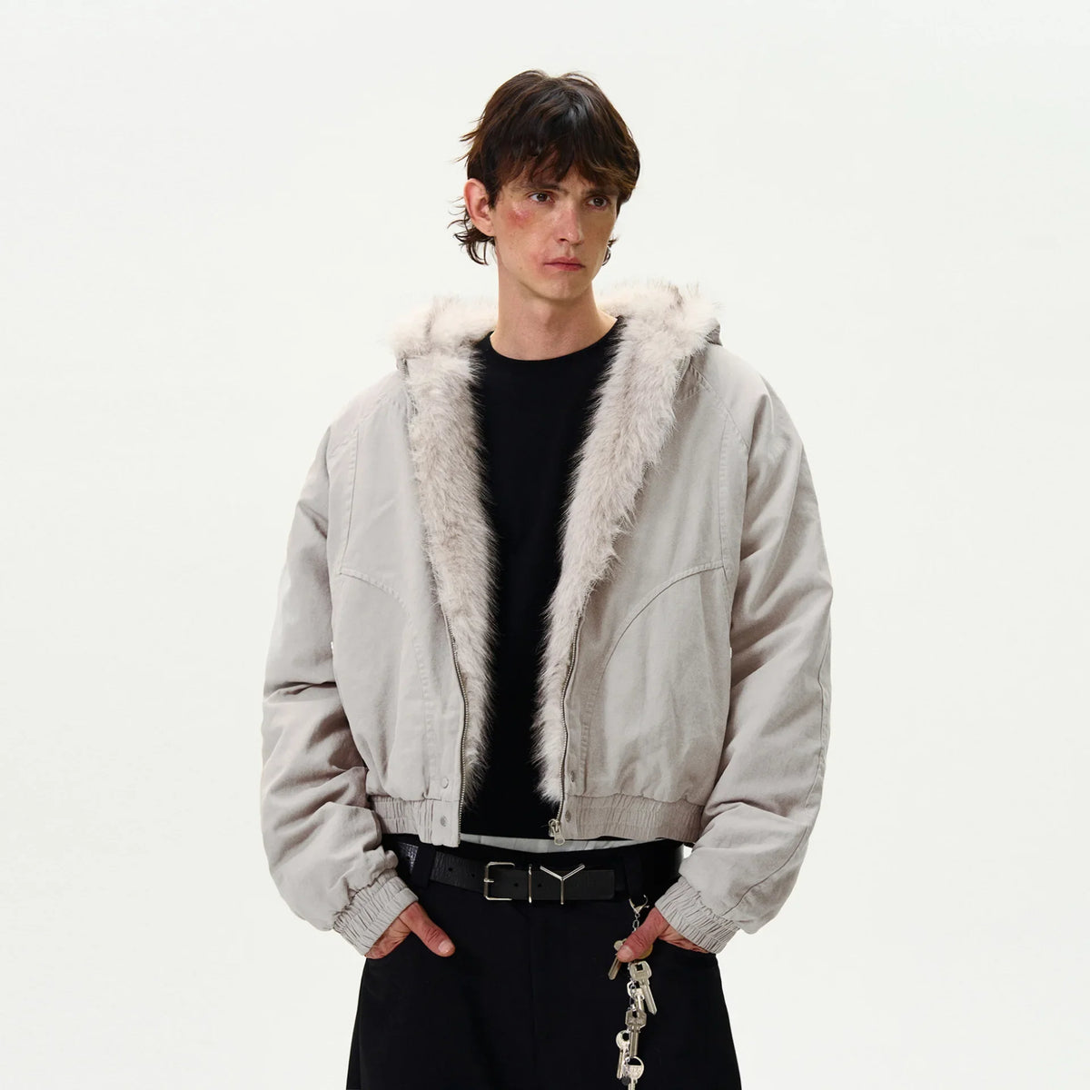 Patchwork Faux Fur Collar and Zip Line Cotton Jacket Coat — vista frontale