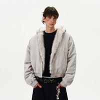 Patchwork Faux Fur Collar and Zip Line Cotton Jacket Coat — vista frontale