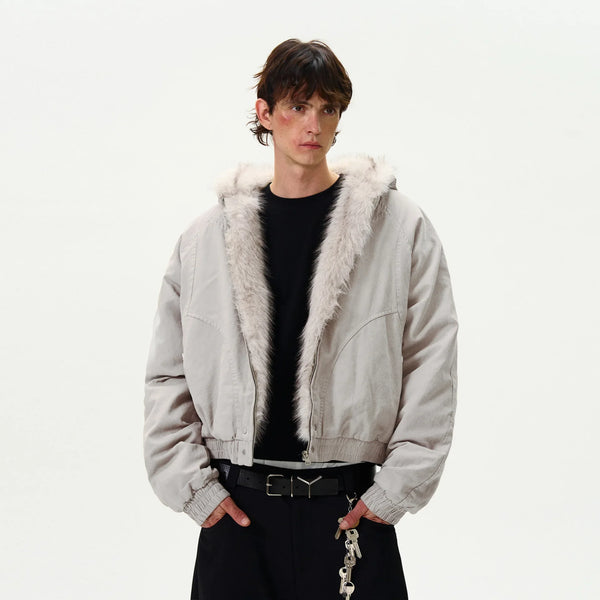 Patchwork Faux Fur Collar and Zip Line Cotton Jacket Coat — vista frontale