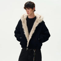 Patchwork Faux Fur Collar and Zip Line Cotton Jacket Coat — vista posteriore