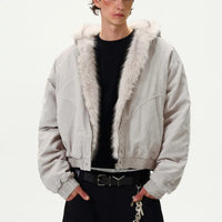 Patchwork Faux Fur Collar and Zip Line Cotton Jacket Coat — dettaglio
