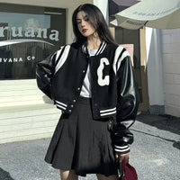 Patchwork PU Leather Black Varsity Jacket — dettaglio