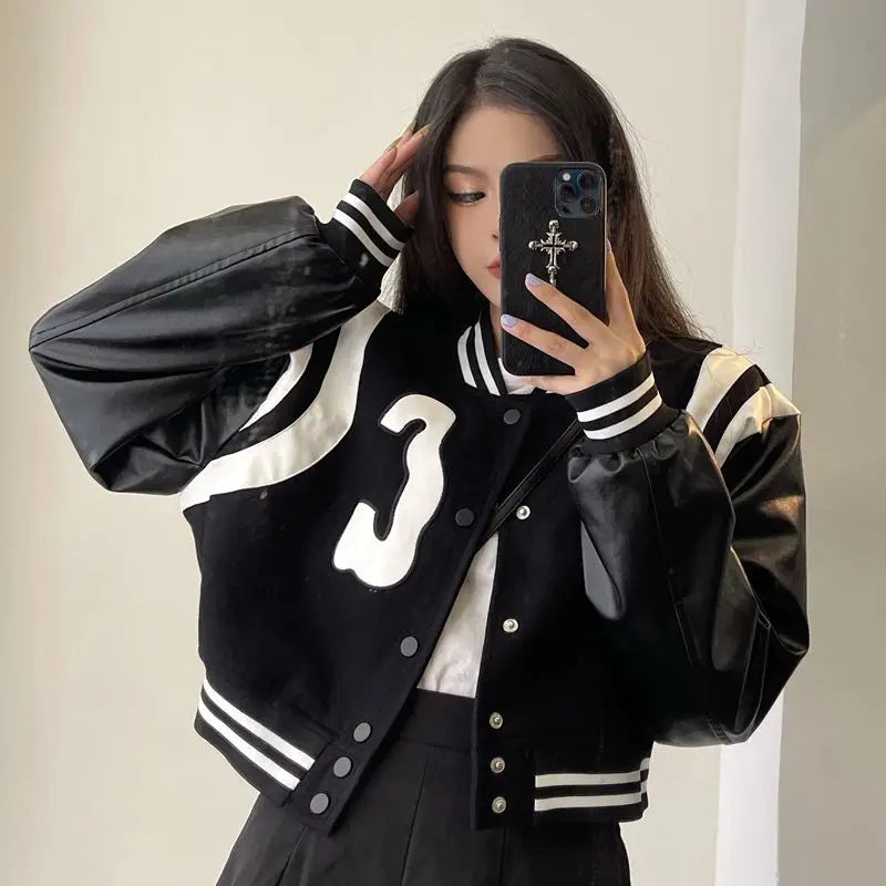 Patchwork PU Leather Black Varsity Jacket — in alternativa