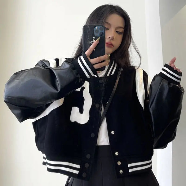 Y2K Patchwork PU Leather Black Varsity Jacket