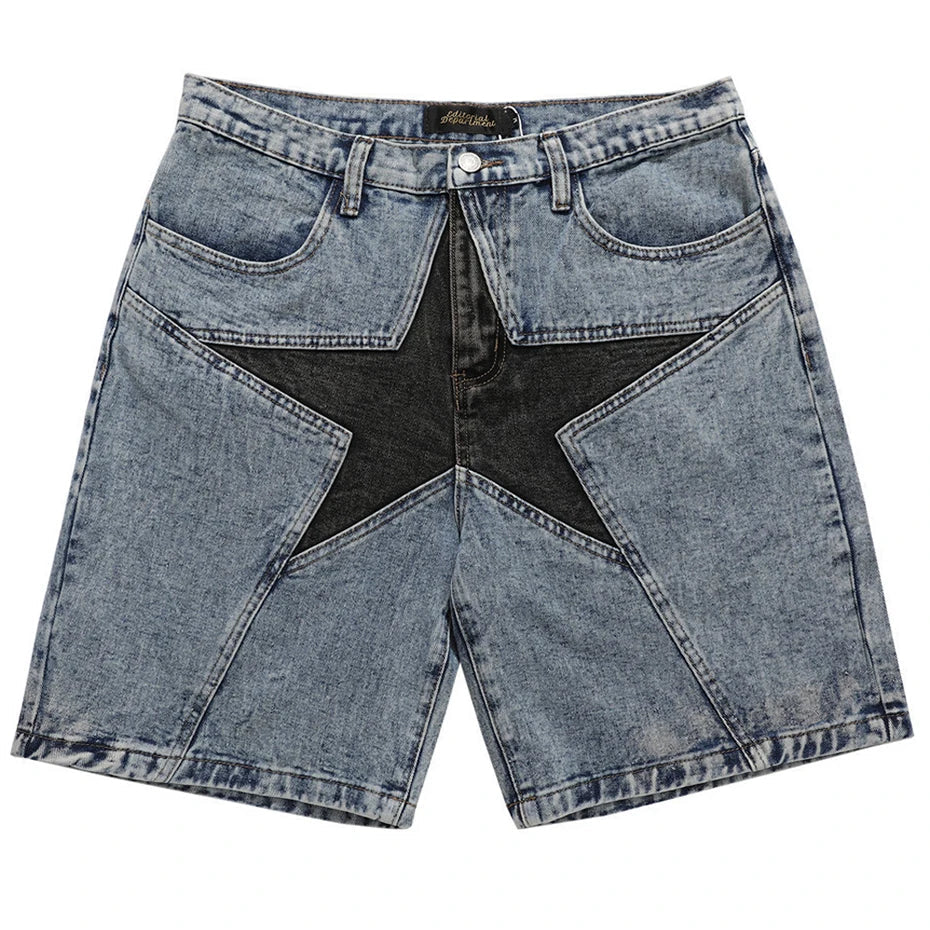Patchwork Star Denim Shorts Jorts — vista frontale