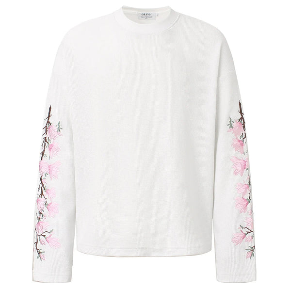 Pink Flower Embroidered Sleeves Long Sleeve Top — vista frontale
