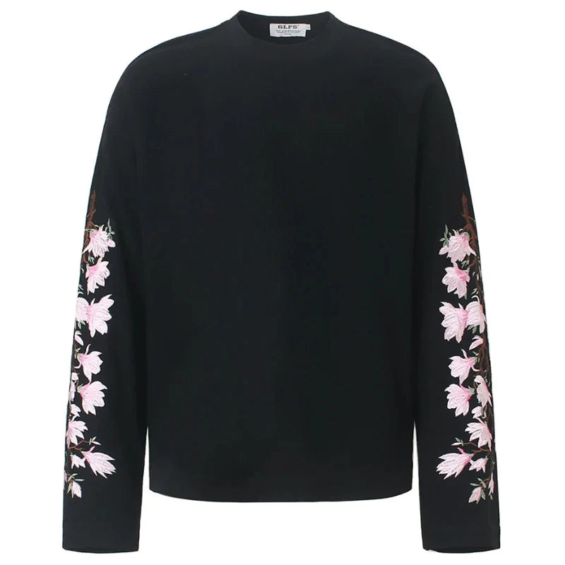 Pink Flower Embroidered Sleeves Long Sleeve Top — vista posteriore