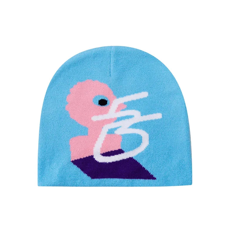 Pink Man Graphic Blue Beanie — vista frontale