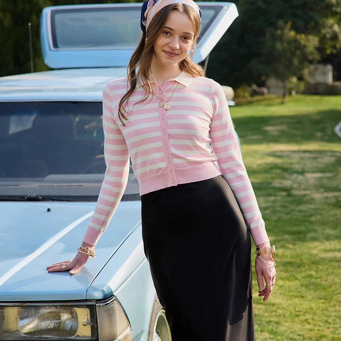 Pink Striped Knit Collar Cardigan — vista posteriore