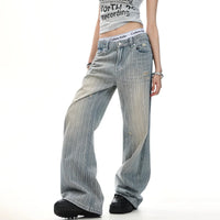 Pinstripe Micro Flared Distressed Jeans — vista frontale