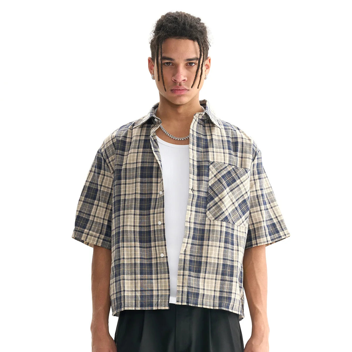 Plaid Cropped Short Sleeve Button Down Shirt — vista laterale