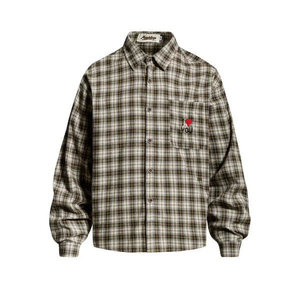 Y2K Plaid "I Love You" Embroidered Long Sleeve Shirt