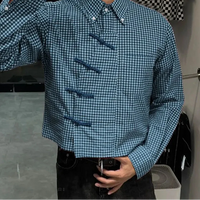 Plaid Long Sleeve Pankou Button Down Shirt — vista laterale